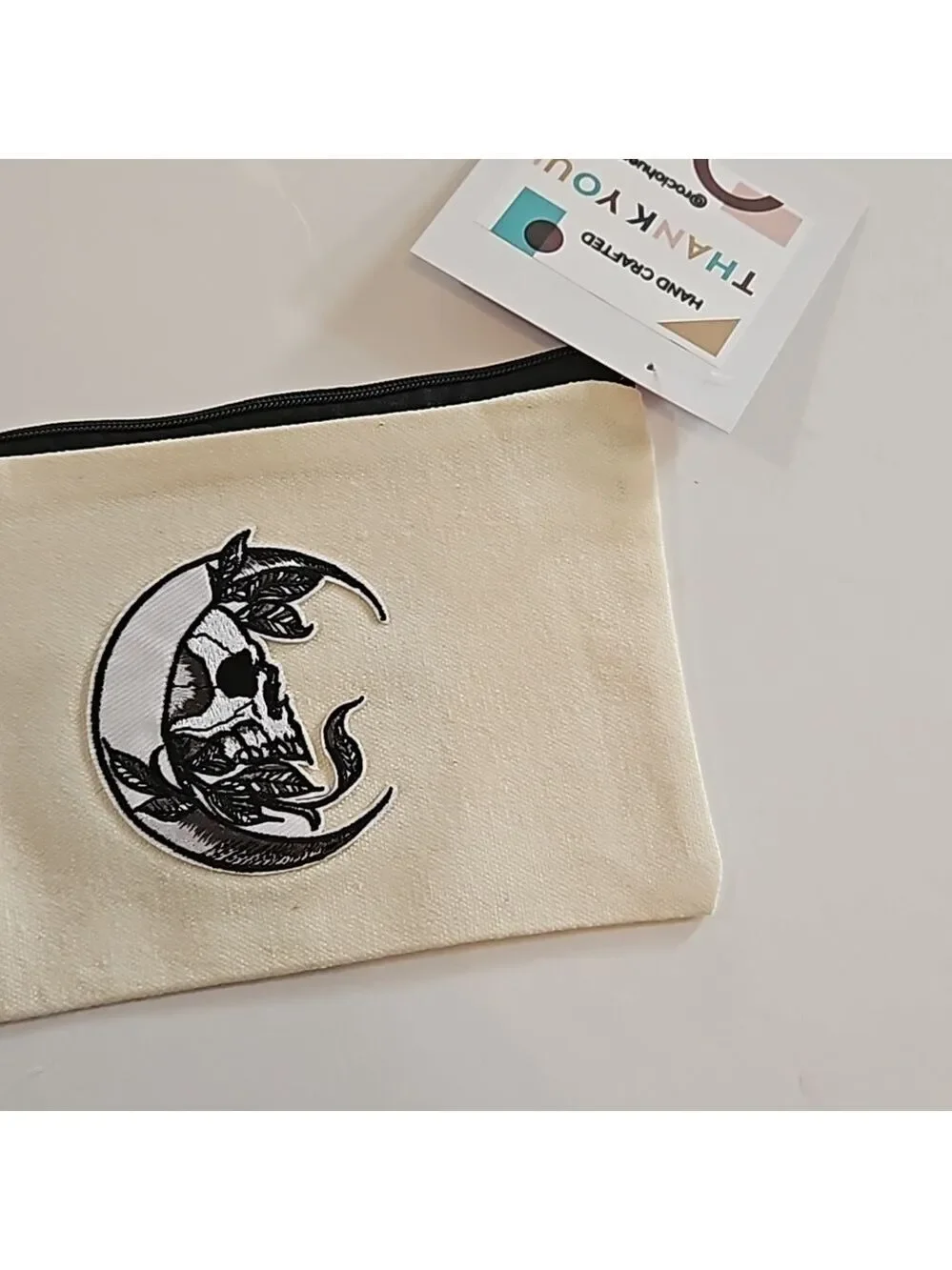 Hand Crafted Multi-use Bag Beige Zipper Pencil Case Skull Motif Iron-on Patch